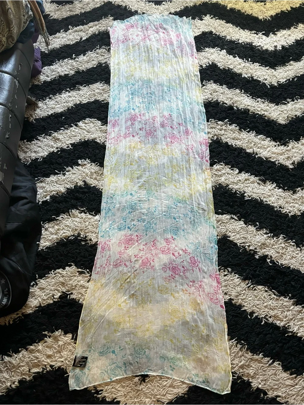 Preppy Multicolor Rose Print Rainbow White Semi Sheer Scarf